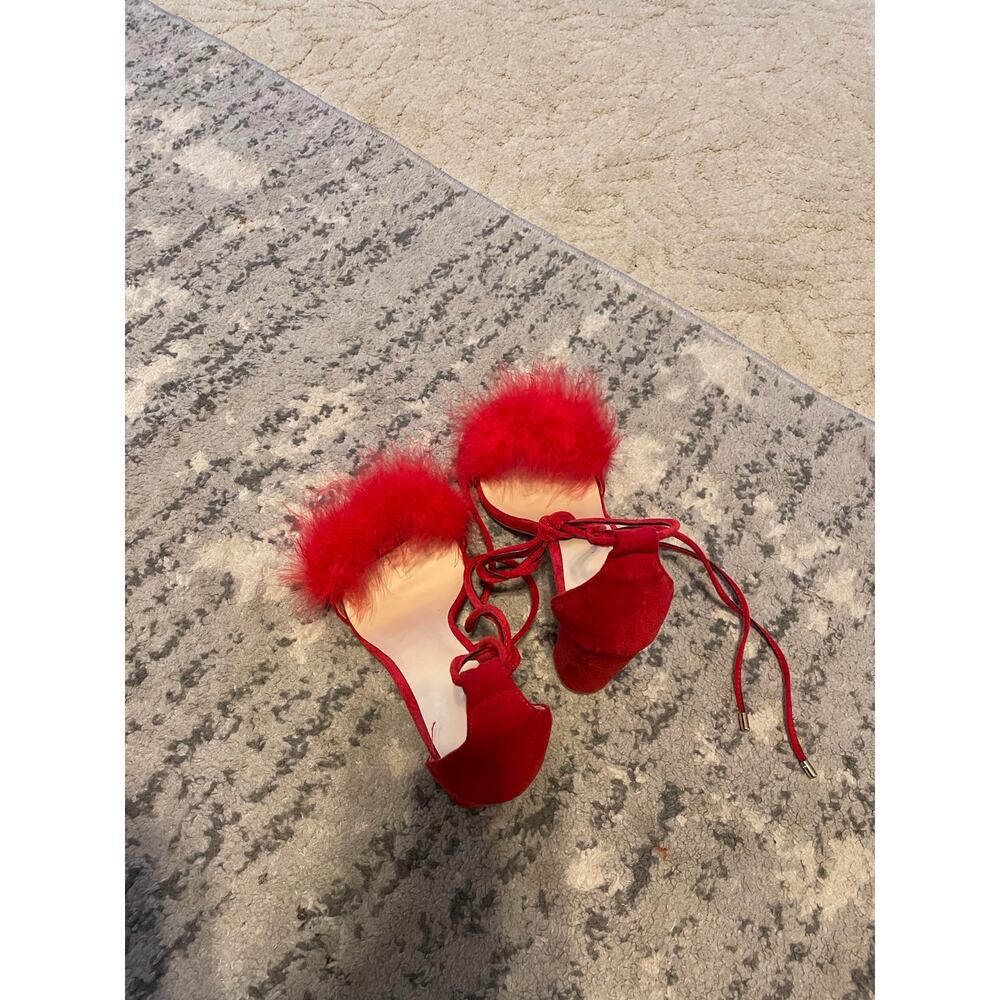 Red Faux Suede Feather Fur Ankle Tie Block Heel Sandals EU 42 - Picture 4 of 4